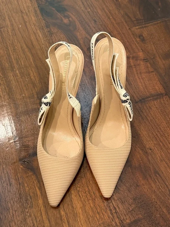 Dior Nude Beige Slingback Pointed Toe Pumps with Branded Bow - Picture 1 of 6
